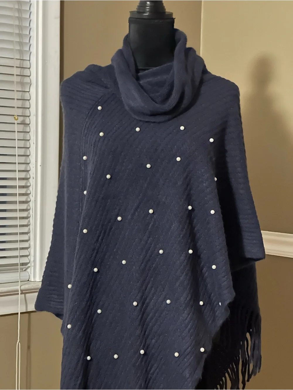 kathy ireland Navy Pearl-Embellished Cowl Neck Poncho Sweater - Picture 1 of 5